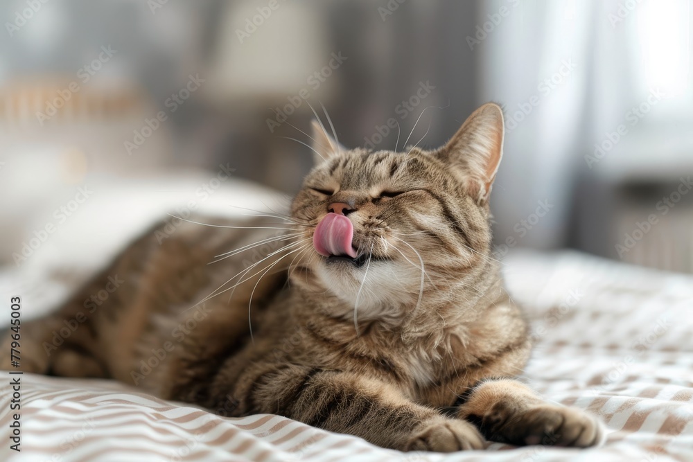 Pretty cat grooming itself on bed with lively expressions in room Pretty cat grooming itself on bed with lively expressions in room
