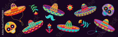 Mexican sombrero hats with color ethnic pattern, vector Mexico holiday and fiesta party objects. Cinco de Mayo carnival. Vector illustration.