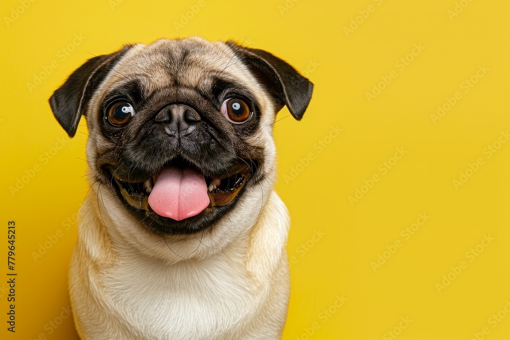 Pug dog on yellow background with pink tongue