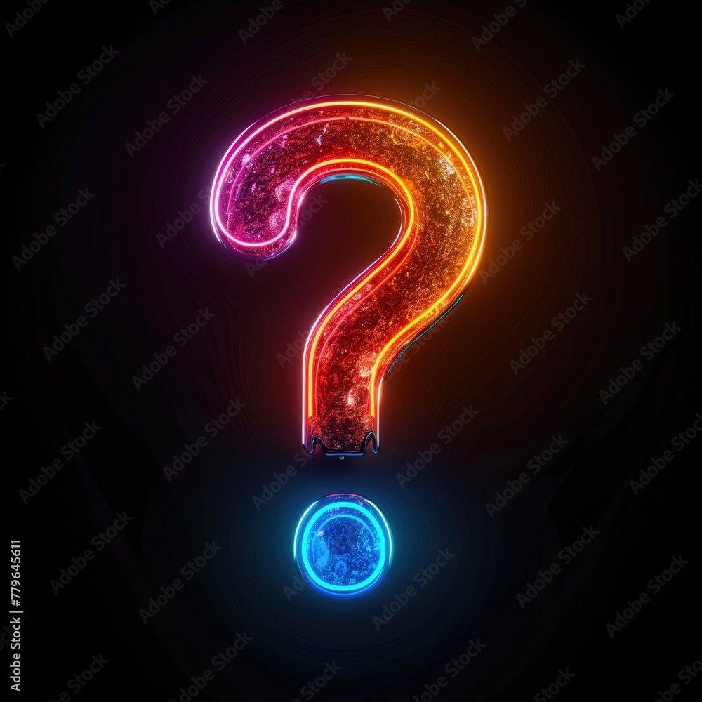 An electric blue neon question mark illuminates on black background An electric blue neon question mark illuminates on black background