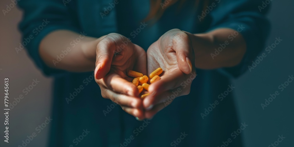 A woman is holding a handful of yellow corn chips. Concept of indulgence and enjoyment, as the woman is holding the chips in her hands, ready to eat them A woman is holding a handful of yellow corn chips. Concept of indulgence and enjoyment, as the woman is holding the chips in her hands, ready to eat them