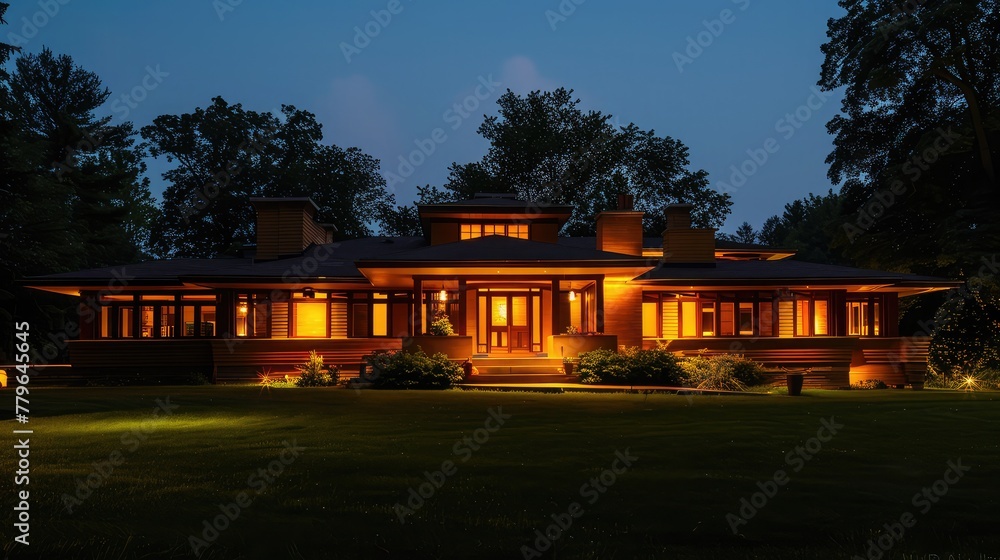 Obraz premium Illuminated historic home with large lawn and trees in the twilight, perfect for real estate advertising.
