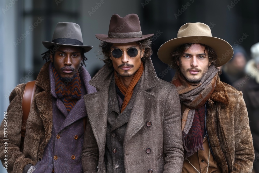 Three fashion-forward men pose with confidence in their winter attire against a blurred city backdrop