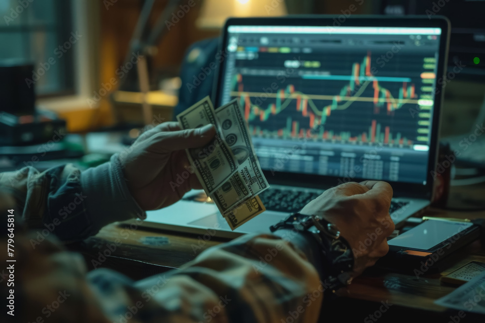 A trader holding hundreds of banknotes sits at a table with a laptop showing stock trading charts. A trader holding hundreds of banknotes sits at a table with a laptop showing stock trading charts.