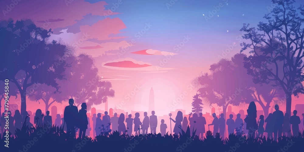 A group of people are gathered in a park at sunset. The sky is a mix of pink and purple, and the trees are silhouetted against the sky
