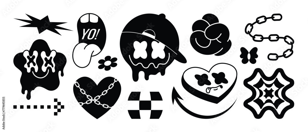 Collection of retro elements for design. Abstract geometric shapes in y2k style with quote patch and modern slang word.
Groovy Illustration Vector Design for banners, stickers, logo, icon.
Collection of retro elements for design. Abstract geometric shapes in y2k style with quote patch and modern slang word.
Groovy Illustration Vector Design for banners, stickers, logo, icon.