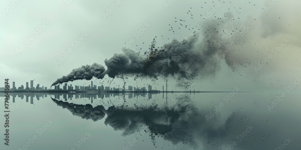 A city skyline is reflected in the water, with a large cloud of smoke in the background. Scene is somber and ominous, as the smoke and reflection suggest a disaster or tragedy has occurred
