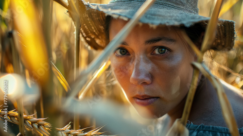 A woman's intense gaze pierces through the golden wheat, her face partly obscured by the sunlit stalks.