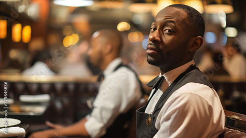 A waiter in a vest and tie gives a sideways glance in a well-lit restaurant, with a reflection in the mirror.
