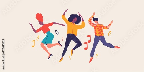 Three people are dancing and jumping in the air. The background has musical notes and the people are wearing colorful clothes