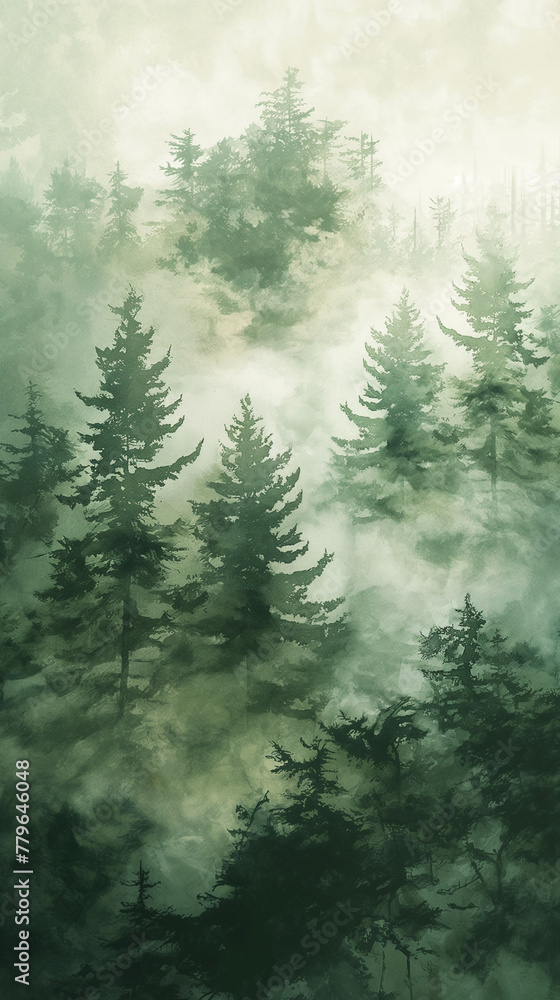 A forest with trees in the background and a misty sky