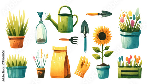 Colorful gardening tools and plants illustration, ideal for springtime, Earth Day promotions, and gardening hobby themes