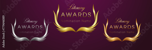 Set of creative awards. Gold, silver and bronze elements. Literary or arts award concept. Modern wreath. Digital reward. Isolated design. Prize logo concept with metallic shiny gradient. Be awarded.