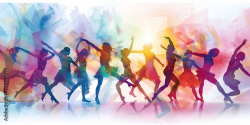 A group of women are dancing in a colorful line. Concept of joy and celebration, as the women are all dressed in bright colors and are moving in unison