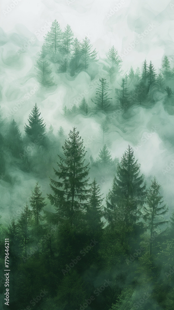 A forest with trees covered in mist A forest with trees covered in mist