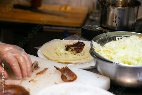 Crispy Peking duck cooked in the Chinese district of Nankinmachi in the city of Kobe in Japan. photo