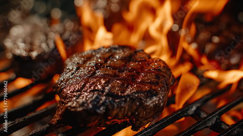 Close-up of a juicy steak grilling over open flames, with the fire adding a charred texture to the succulent meat.