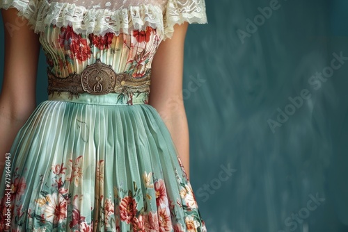 Detailed close-up of the intricate pattern and lacework on a vintage styled dress worn by an unseen girl photo