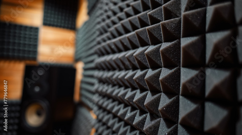 Close-up of a soundproof foam wall, showcasing the geometric patterns of acoustic panels in a recording studio environment. photo