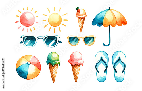 Watercolor summer set with sun icons, ice cream cones, flip-flops, sunglasses, and beach ball, ideal for vacation and National Ice Cream Day themes photo