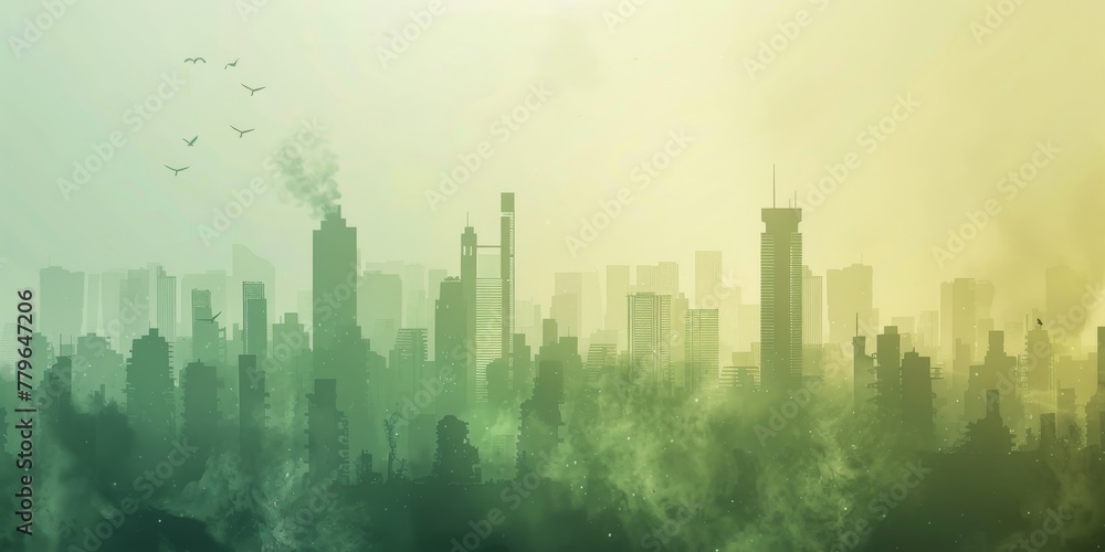 A city skyline with a foggy haze in the background. The city is covered in a greenish tint, giving it a surreal and eerie atmosphere. The fog seems to be coming from the city itself A city skyline with a foggy haze in the background. The city is covered in a greenish tint, giving it a surreal and eerie atmosphere. The fog seems to be coming from the city itself