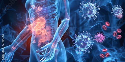 A woman's skeleton is shown with a virus in the background