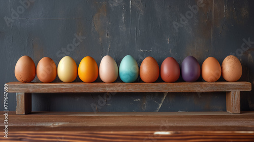 Wooden shelf displaying a row of eggs in gradient colors from light to dark, showcasing a spectrum of natural eggshell hues.