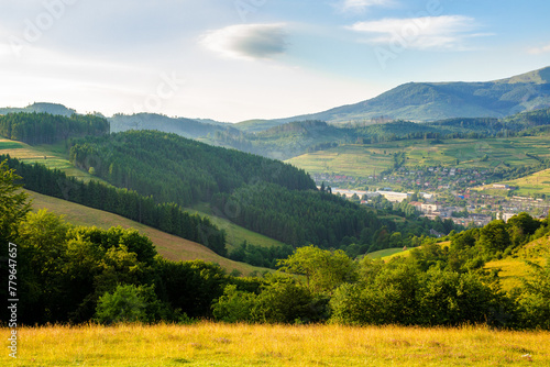 carpathian countryside scenery of ukraine on a sunny morning in summer. forest on the hills and town in the valley. borzhava mountain range in the far distance beneath bright blue sky