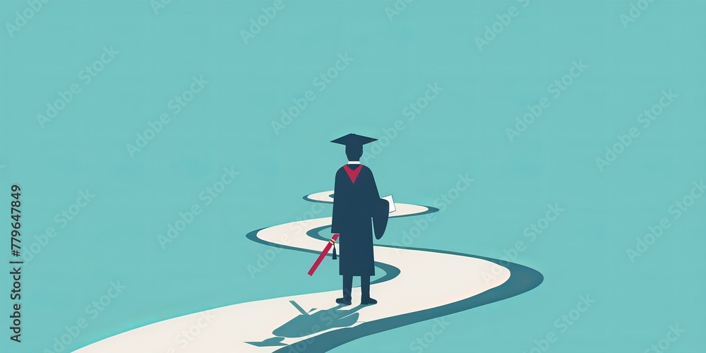 A man in a graduation gown walks down a path. He is holding a sword in his hand