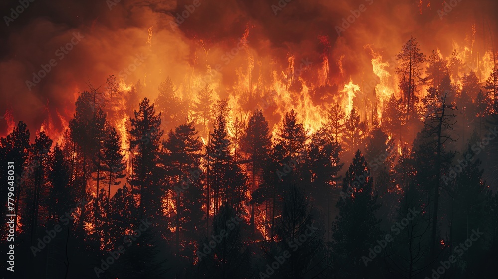 Dynamic image of a wildfire raging through a forest exacerbated by dry conditions and extreme heat