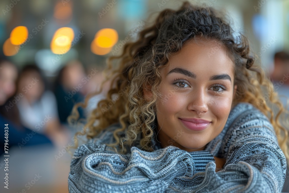 Smiling young woman with curly hair in a cozy knitted sweater, radiating warmth and friendliness in a comfortable setting Smiling young woman with curly hair in a cozy knitted sweater, radiating warmth and friendliness in a comfortable setting