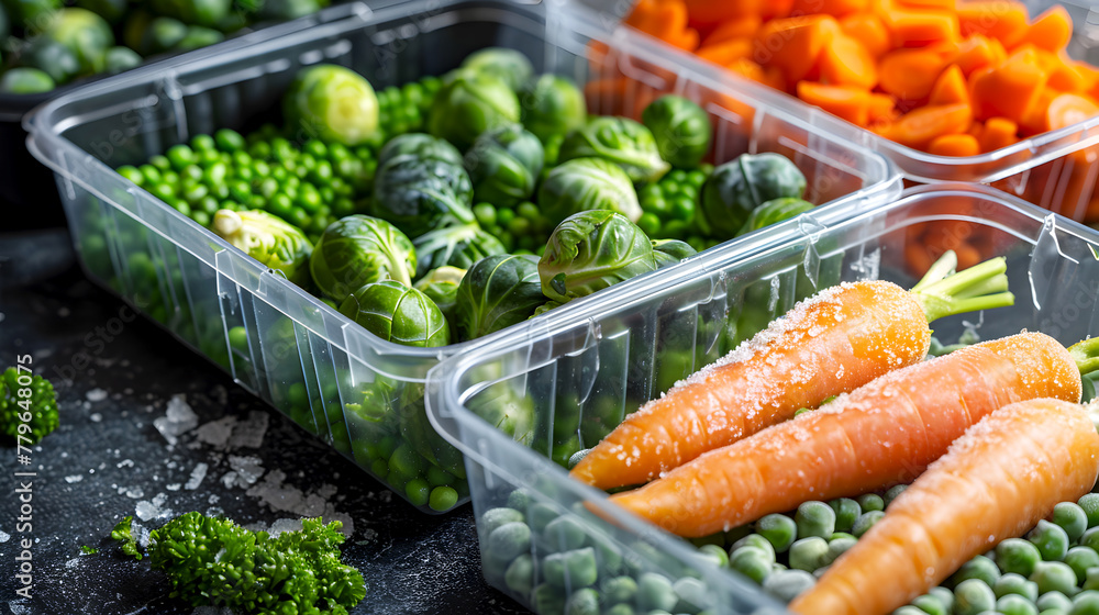 Assortment of frozen peas, carrots, and brussels sprouts in plastic containers. Freshly frozen vegetables, carrots and greens, ready for preservation. Icy crystals on fresh vegetables, quick freezing