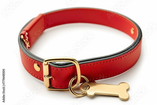 Red collar and gold tag for dog isolated on white photo