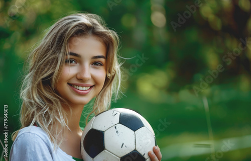 Portrait of a beautiful smiling young woman holding a soccer ball on a blurred green background © Kien