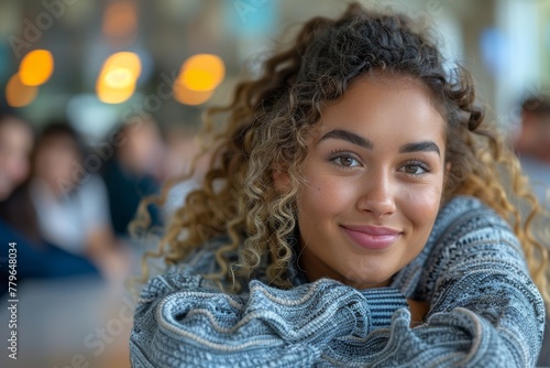 Smiling young woman with curly hair in a cozy knitted sweater, radiating warmth and friendliness in a comfortable setting