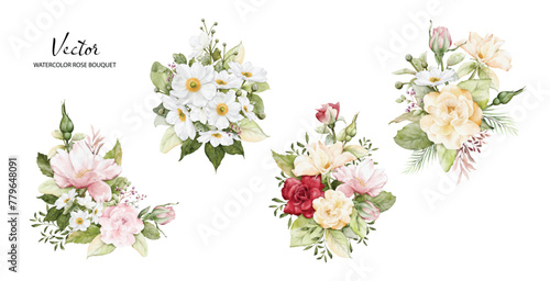Set of Watercolor arrangements with rose flowers