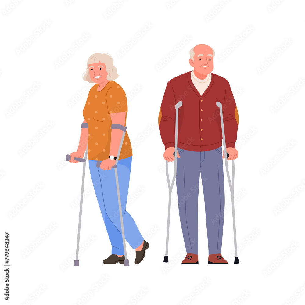 Seniors with assistive devices. Illustration in flat cartoon style of an elderly smiling man and woman in casual clothes standing leaning on crutches. Isolated on white Seniors with assistive devices. Illustration in flat cartoon style of an elderly smiling man and woman in casual clothes standing leaning on crutches. Isolated on white
