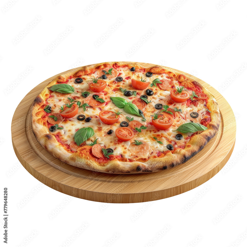 A delicious pizza topped with tomatoes, olives, and basil