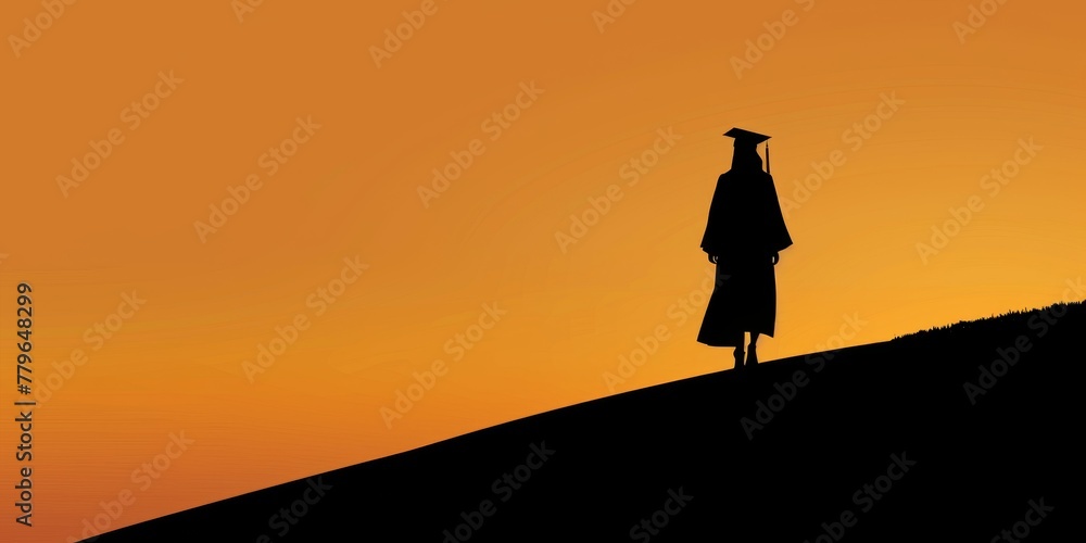 A silhouette of a person standing on a hill at sunset. The person is wearing a graduation cap and gown