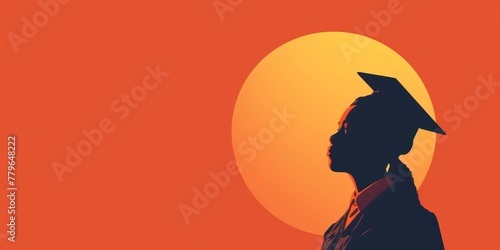A woman in a graduation gown stands in front of a sun. Concept of accomplishment and pride, as the woman has just graduated. The orange background adds a warm and inviting tone to the image photo