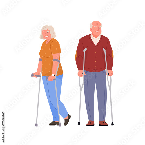 Seniors with assistive devices. Illustration in flat cartoon style of an elderly smiling man and woman in casual clothes  standing leaning on crutches. Isolated on white