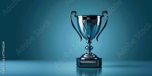 A silver trophy is sitting on a table. The trophy is shiny and has a blue base. The trophy is a symbol of achievement and success