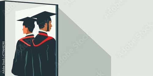 Two men in graduation gowns are standing in front of a door. Concept of accomplishment and transition as the graduates prepare to enter the next phase of their lives photo