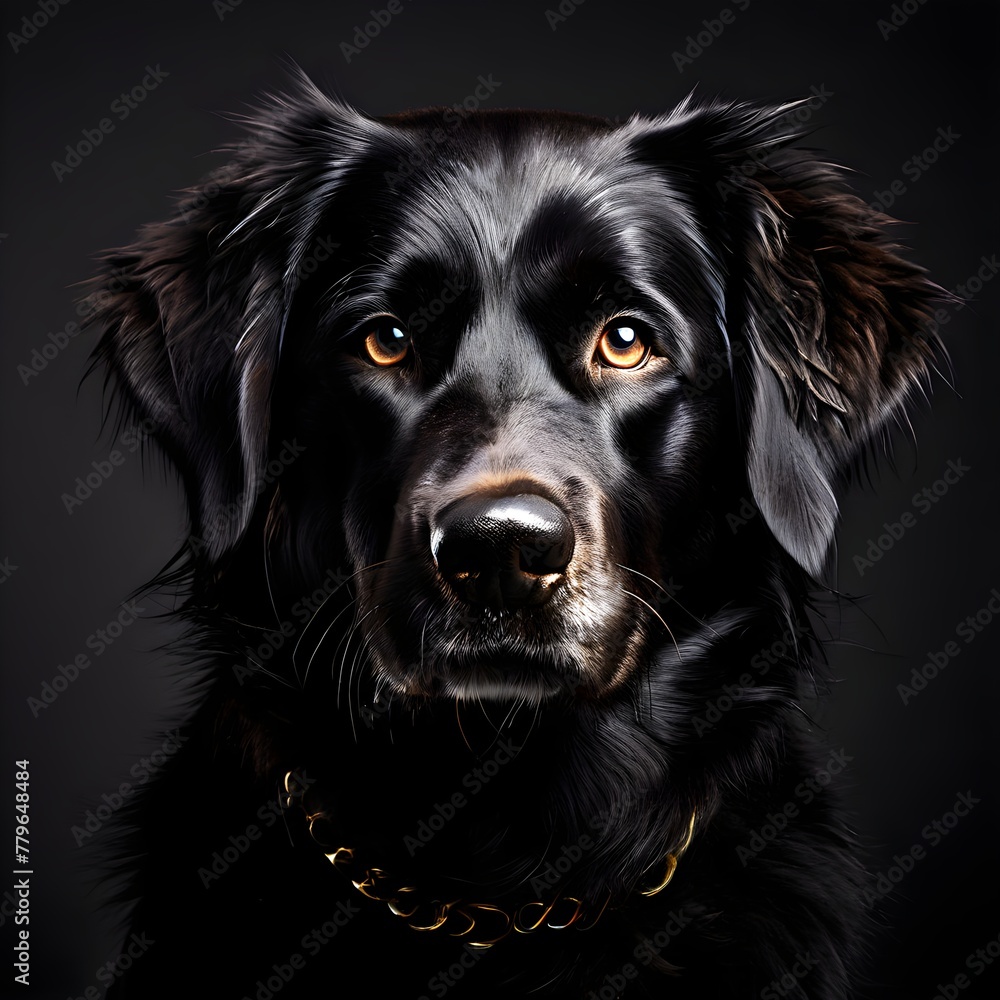Professional closeup Dog portrait photo of the purebred black dog on a studio background