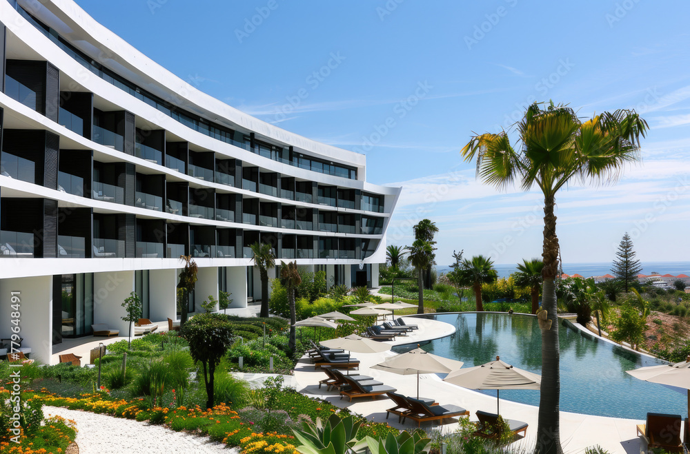 A large hotel with white walls and black windows, with curved architecture, a large pool in front of the building, a garden, palm trees - obrazy, fototapety, plakaty 