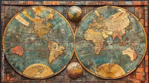 A large  colorful  and detailed map of the world is displayed on a wall. The map is divided into two halves  with each half featuring a different continent. The map is made up of various shapes