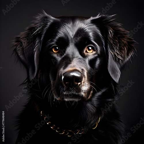 Professional closeup Dog portrait photo of the purebred black dog on a studio background