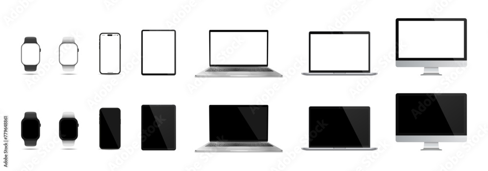Realistic device set. Watch, smartphone, tablet, laptop and pc monitor. Realistic device set. Watch, smartphone, tablet, laptop and pc monitor.