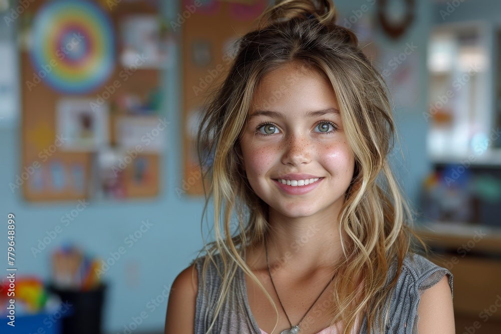 Engaging portrait of a smiling girl with captivating green eyes and casual pigtails in a classroom setting Engaging portrait of a smiling girl with captivating green eyes and casual pigtails in a classroom setting