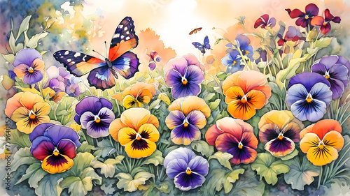 colorful pansy flowers in the garden and bright butterflies painted with wate...